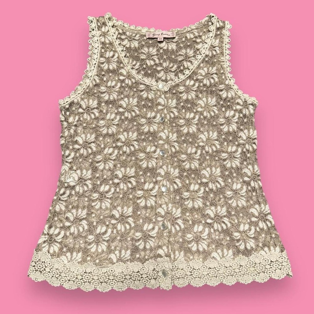 Young Essence Y2k Boho Floral Crochet Lace Trim Sheer Button Up Tank Top Size M